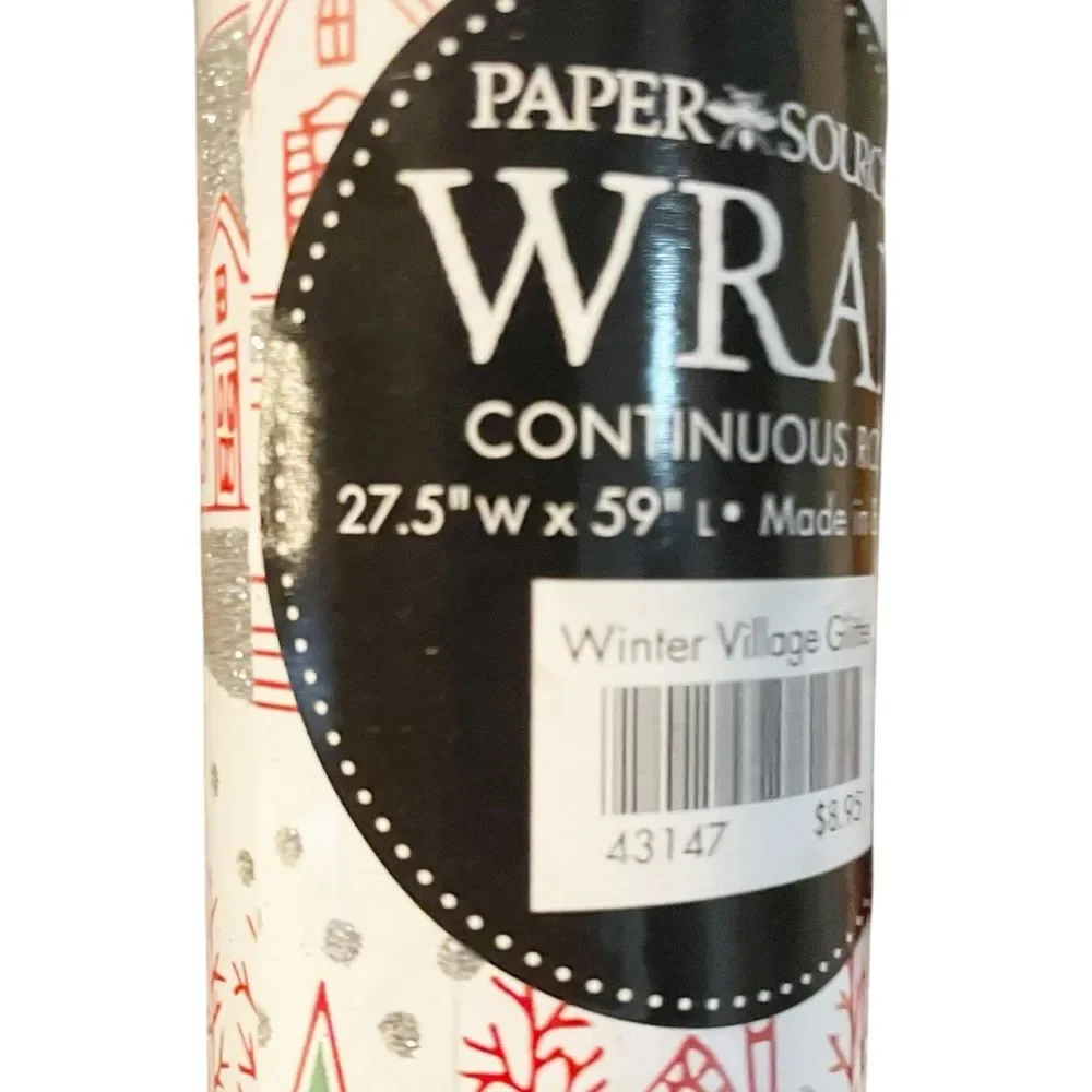 NWT Paper Source Winter Village Glitter Wrapping Paper Roll 27.5”x59” Red White